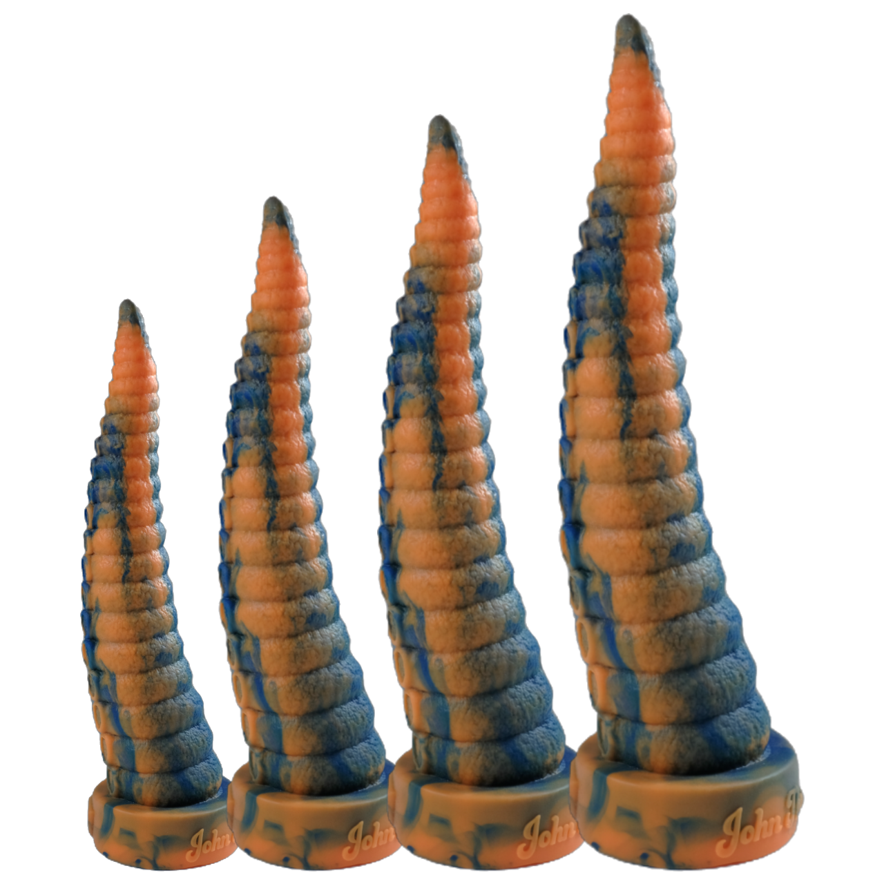 All four available sizes of Kraken's Tentacle, in Coral Embers (a blue and orange fusion). Arranged small to extra large from left to right.
Kraken's Tentacle is a tentacle-themed depth training dildo with suckers along one side.