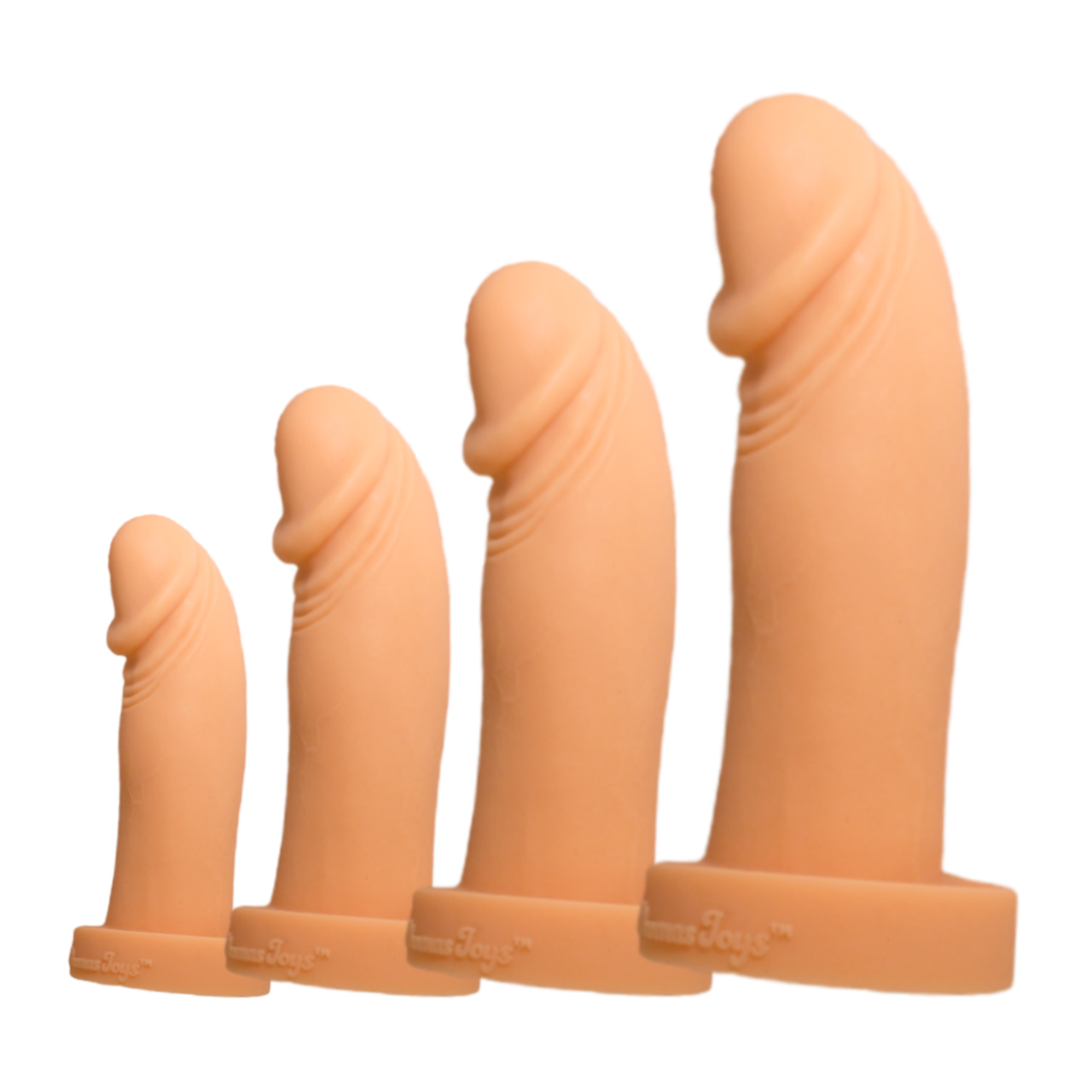 All four available sizes of Lars, in Naked Almond. Arranged small to extra large from left to right.
Lars is a realistic toy with a pronounced head.