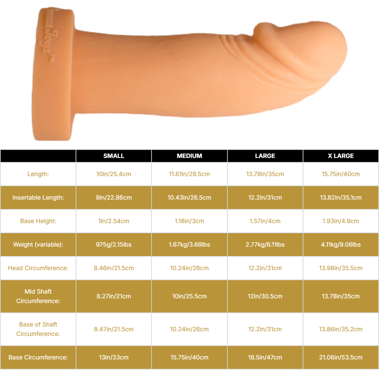 Sizing graph. Dimensions can be found in the "Dimensions" section below.