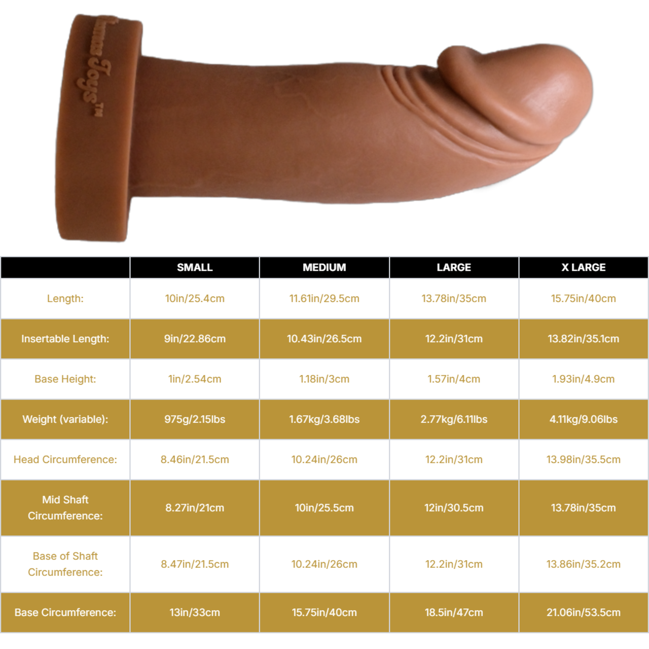 Sizing graph. Dimensions can be found in the "Dimensions" section below.