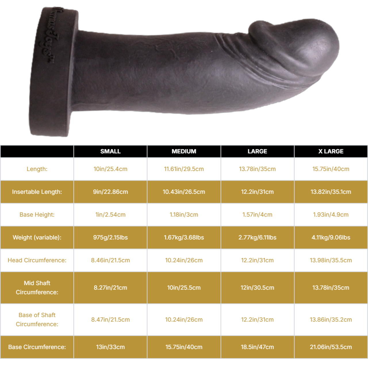 Sizing graph. Dimensions can be found in the "Dimensions" section below.