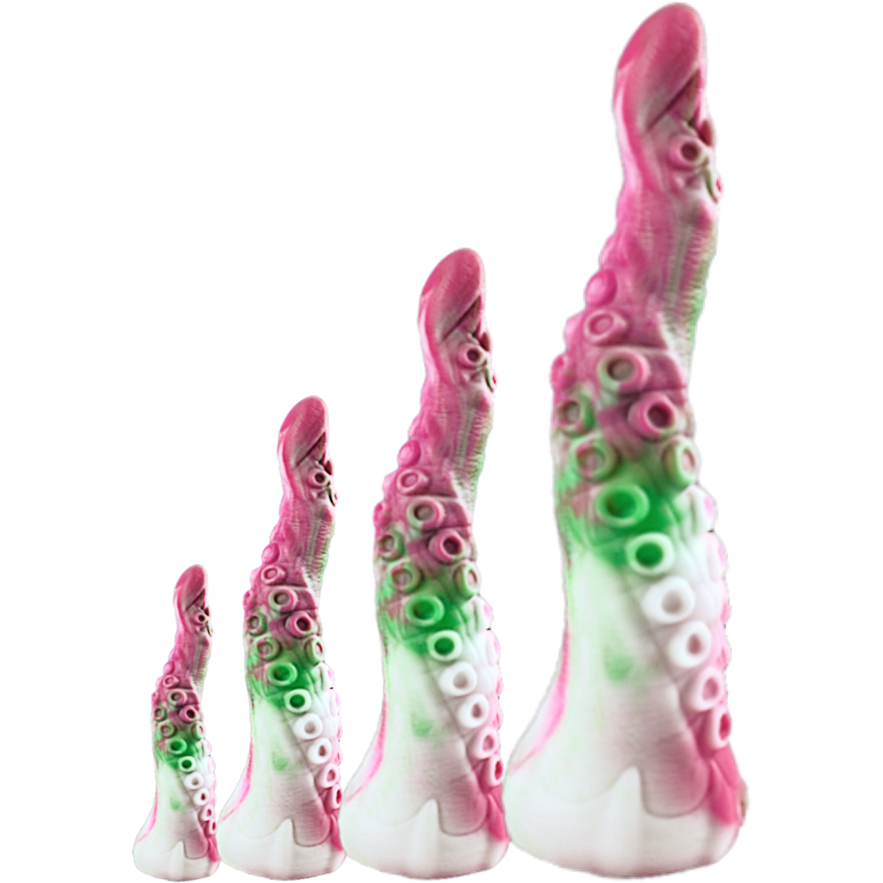 All four available sizes of Leviathan, in Posy (this toy is a pink, green and white fusion). Arranged small to extra large from left to right.
Leviathan is a tentacle depth trainer dildo with suckers spiraling along the length.