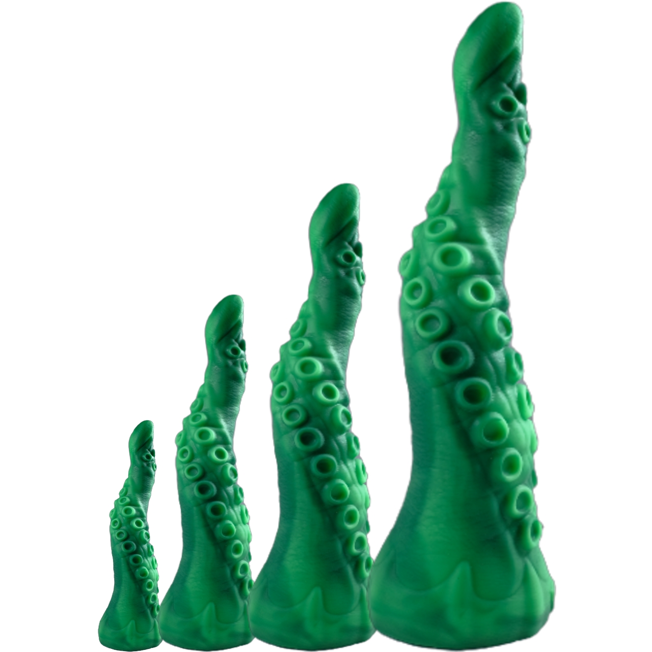 All four available sizes of Leviathan, in Green (this toy is an apple green and dark green fusion). Arranged small to extra large from left to right.
Leviathan is a tentacle depth trainer dildo with suckers spiraling along the length.
