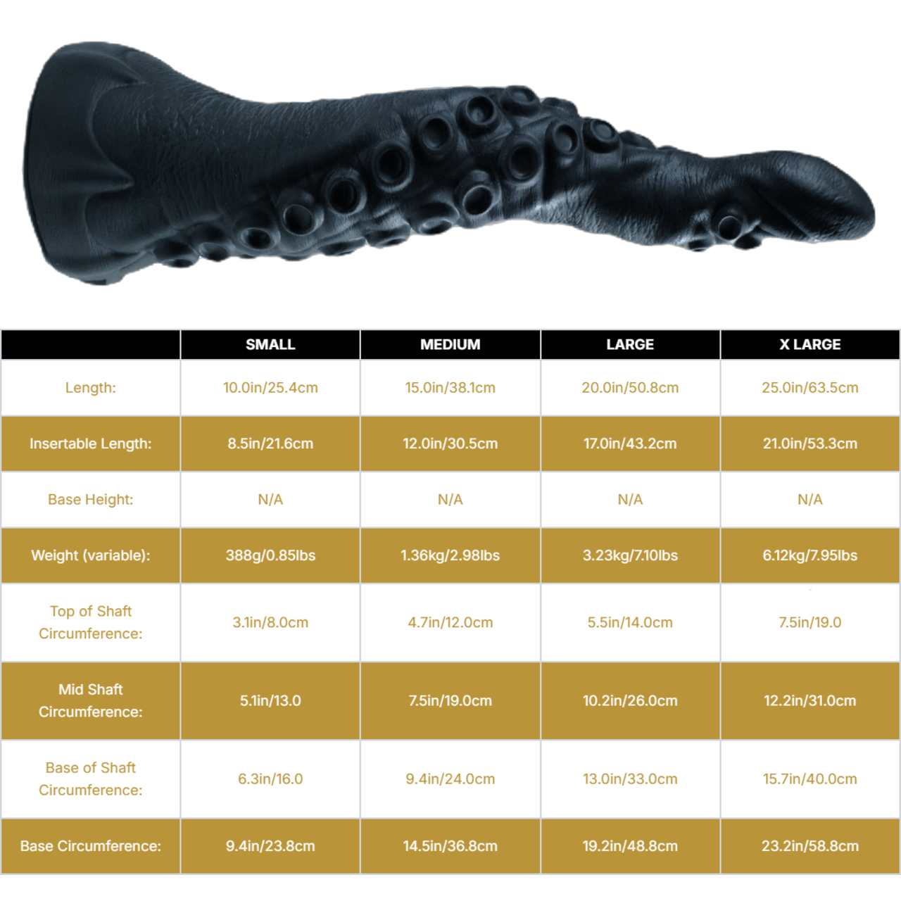 Sizing graph. Dimensions can be found in the "Dimensions" section below.