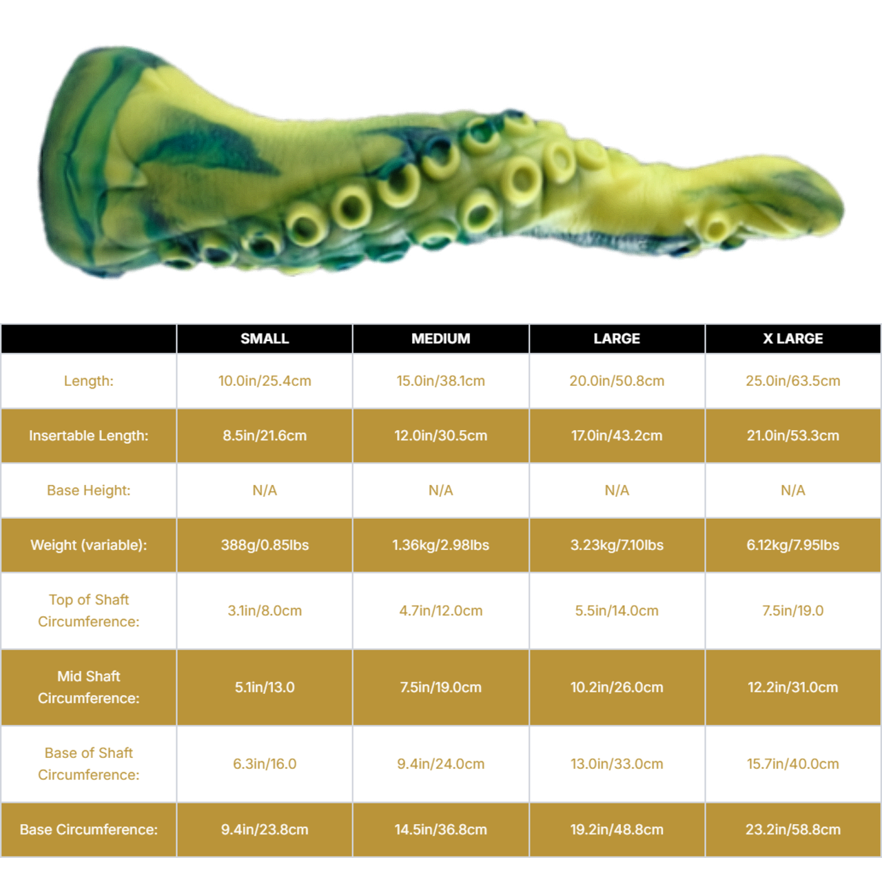 Sizing graph. Dimensions can be found in the "Dimensions" section below.