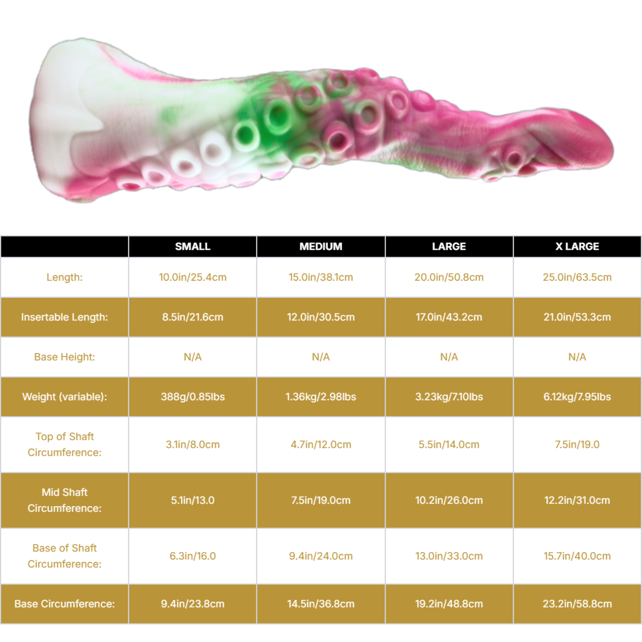 Sizing graph. Dimensions can be found in the "Dimensions" section below.