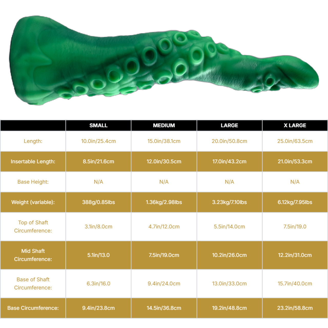 Sizing graph. Dimensions can be found in the "Dimensions" section below.