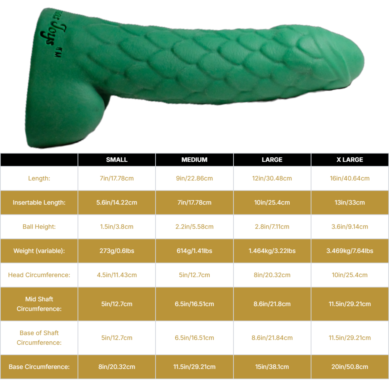Sizing graph. Dimensions can be found in the "Dimensions" section below.