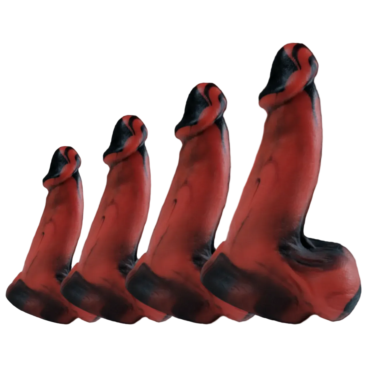 A comparison of the four available sizes of Posh Boy, in Rage (a black and red fusion).
It is a realistic penis, with a pronounced head, girthy shaft and plump balls.