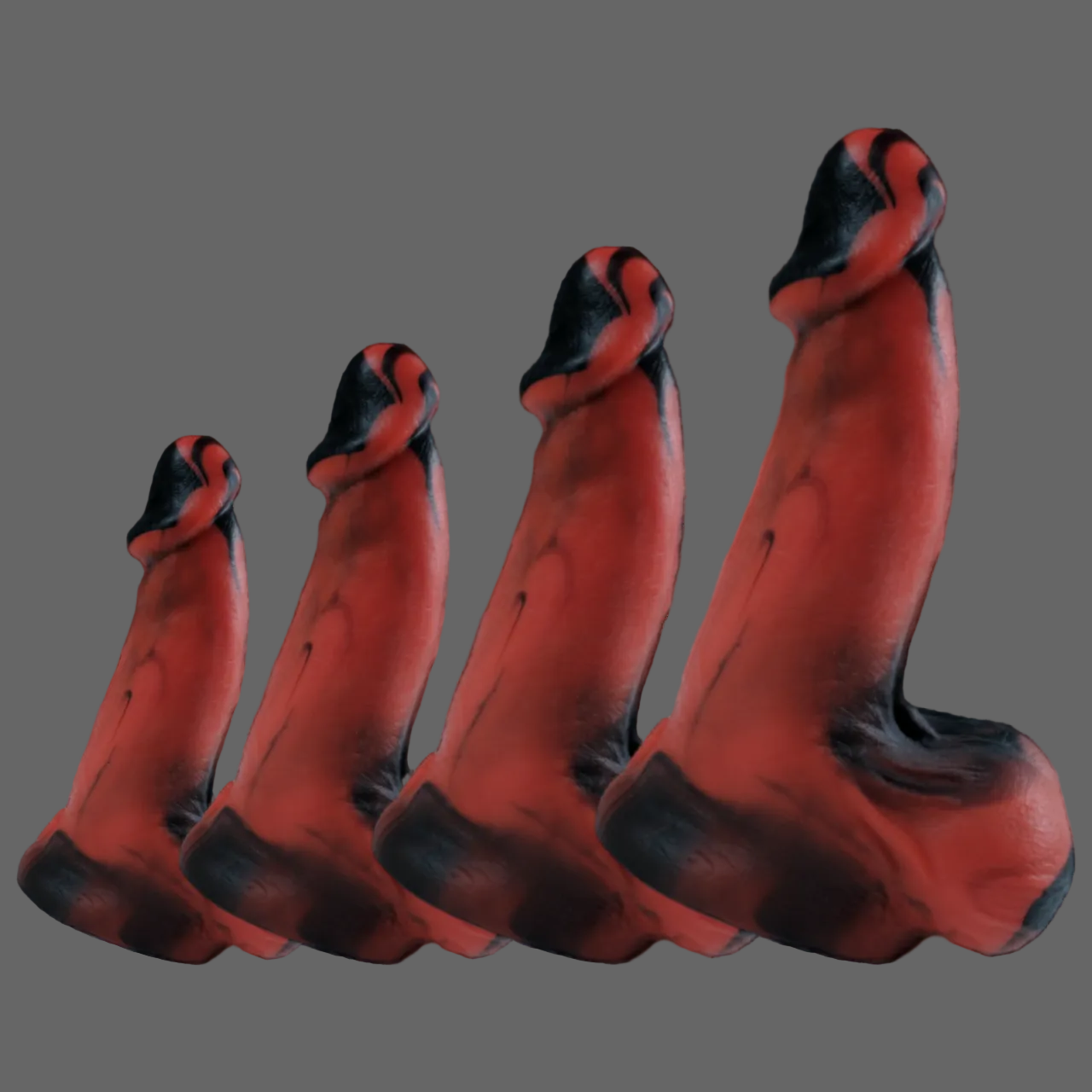 A comparison of the four available sizes of Posh Boy, in Rage (a black and red fusion).
It is a realistic penis, with a pronounced head, girthy shaft and plump balls.