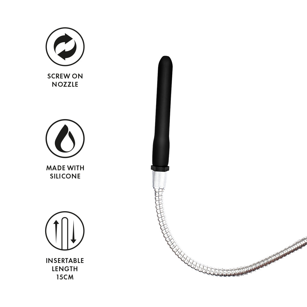 Features a screw-on nozzle. Made with silicone and has an insertable length of 15cm. Pliable nozzle.