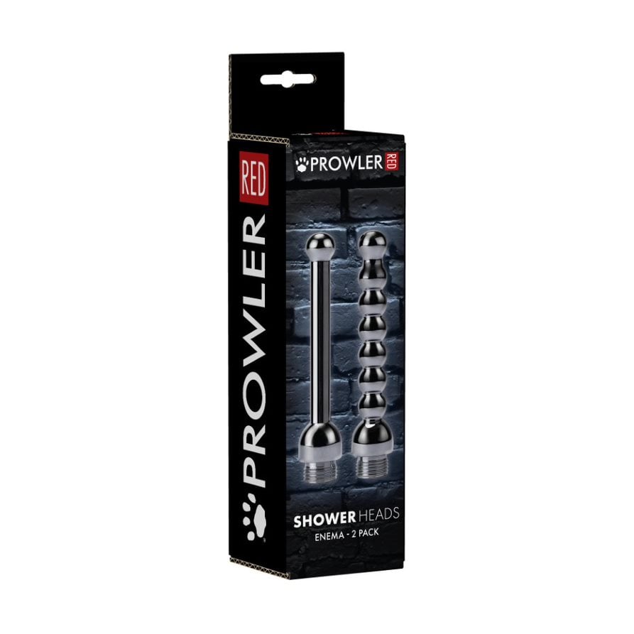 Box for the Prowler RED Shower heads - two pack. One head is cylindrical with a bulbous tip, and the other is rippled.