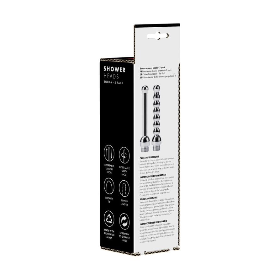 Back of the product box. Box features care instructions and an overview of product specifications.
Both shower heads have an insertable length of 10cm and girth of 6cm. Made with aluminium alloy. Screws on to shower hose.