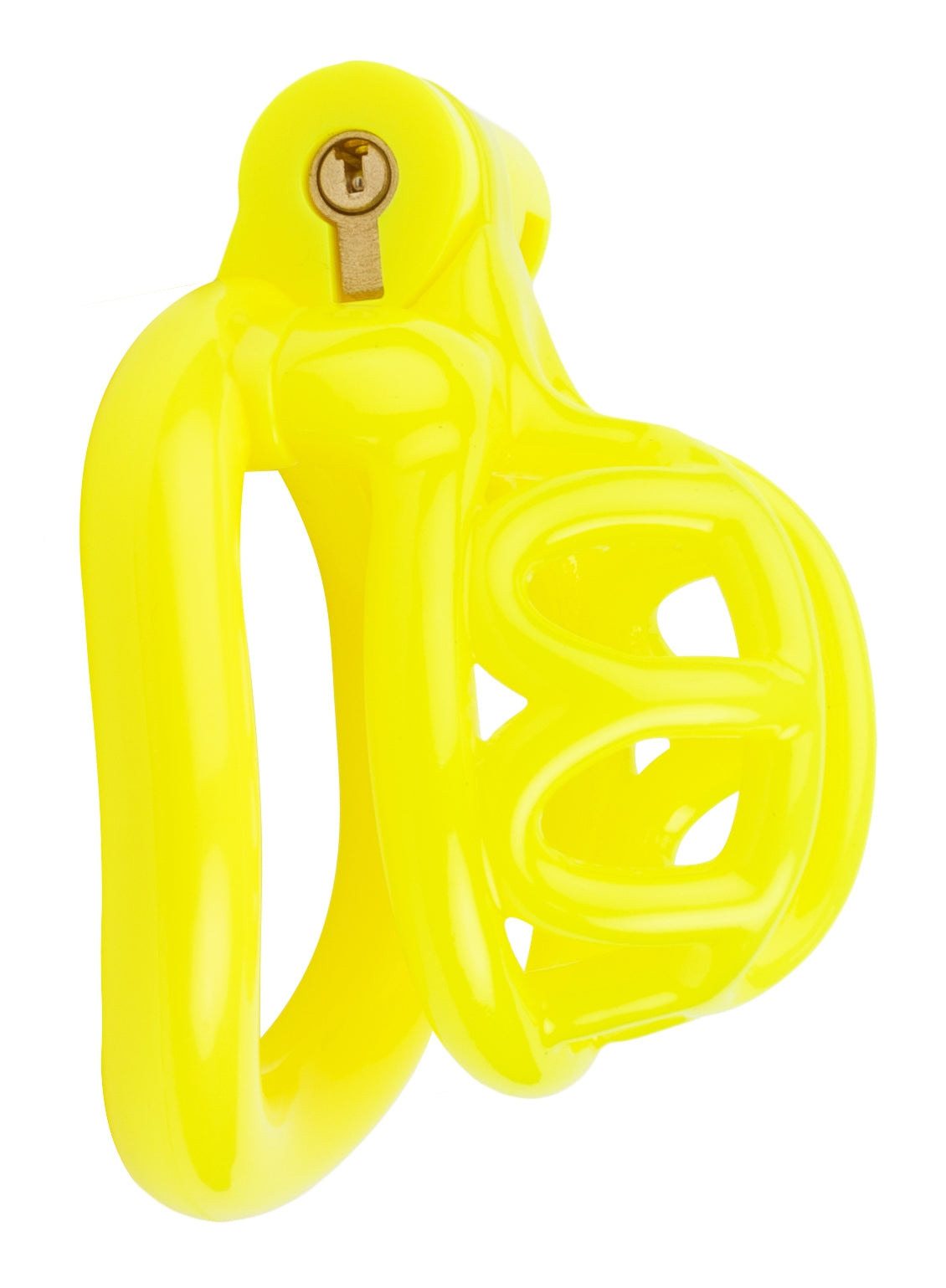 Side profile of the LYFY chastity cage, in Lemon Yellow.