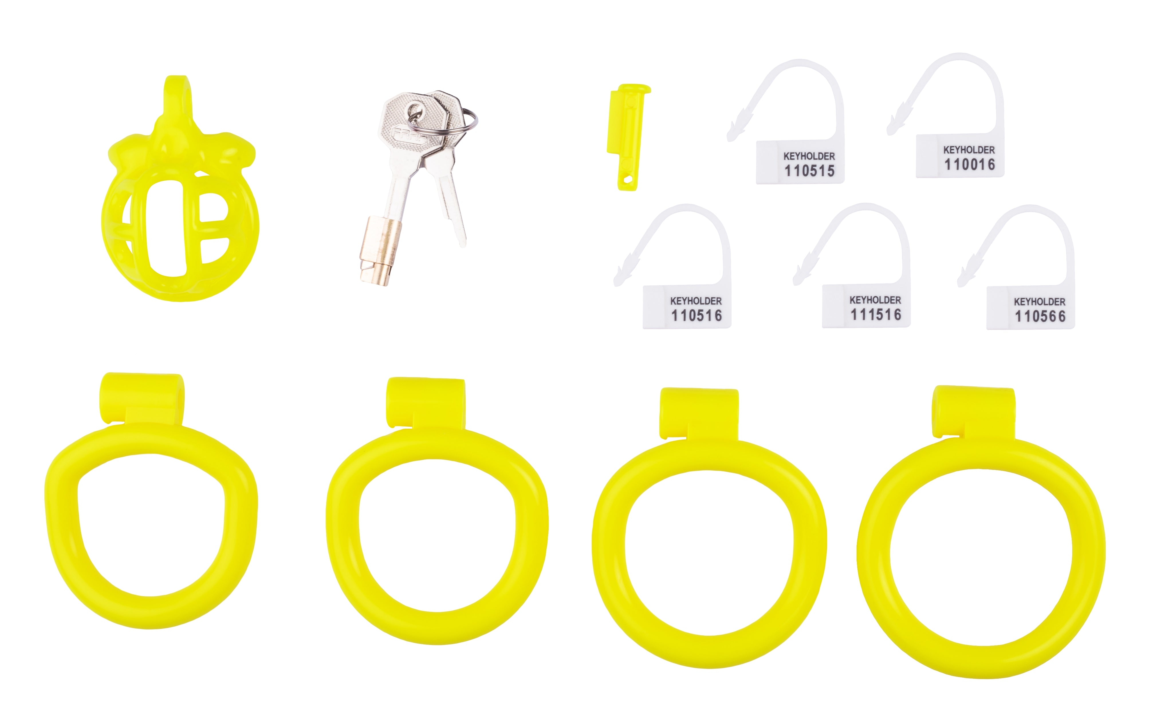 In the box: LYFY Lemon Yellow chastity cage, two keys, a locking pin, numbered padlocks, and four sizes of holding rings.