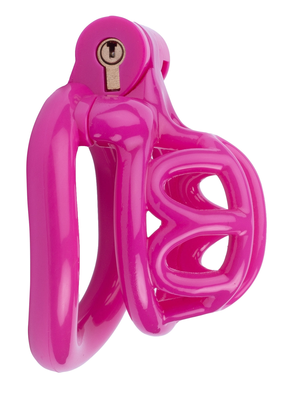 Side profile of the LYFY chastity cage, in Hot Pink.