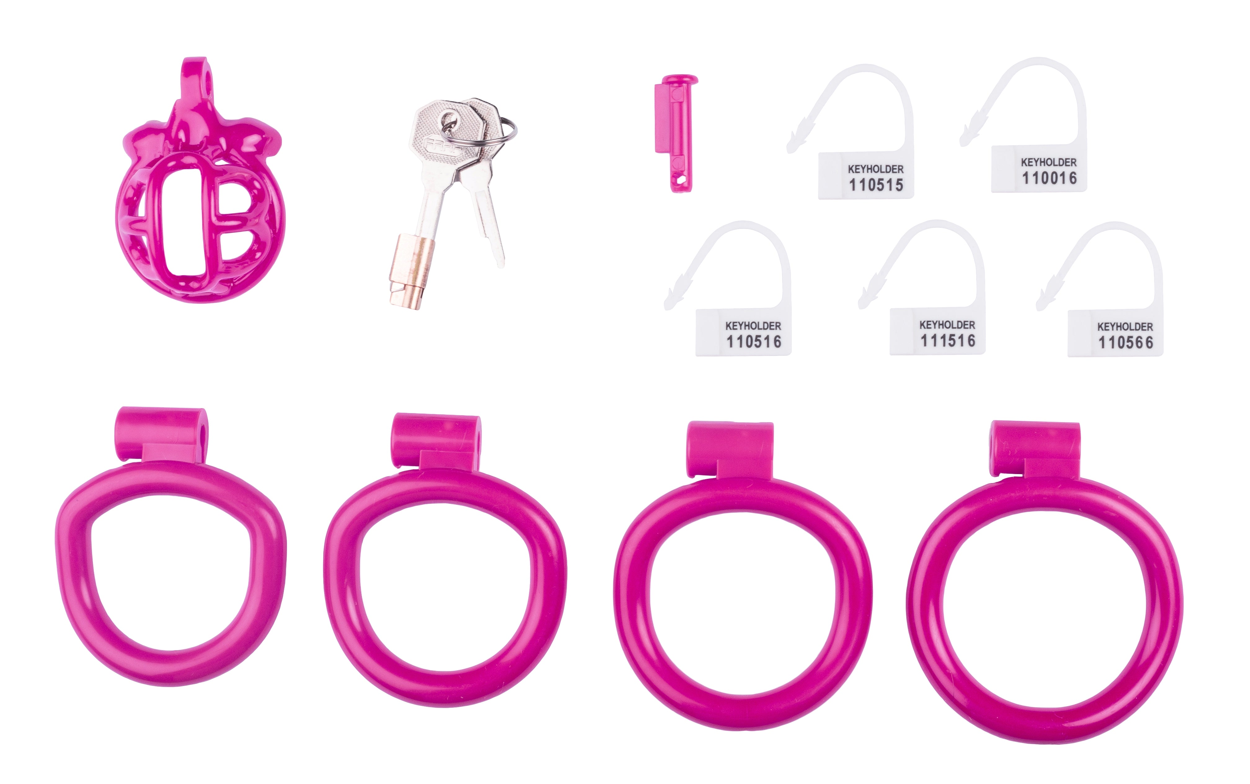In the box: LYFY Hot Pink chastity cage, two keys, a locking pin, numbered padlocks, and four sizes of holding rings.