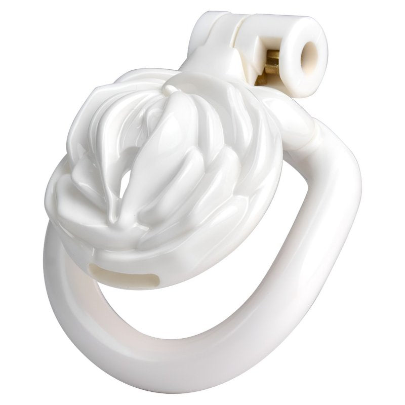 Chastity cage, in white, featuring a rose design.