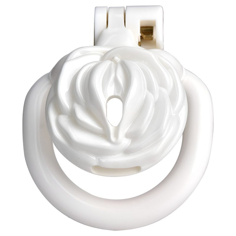 Front profile of the white chastity cage.