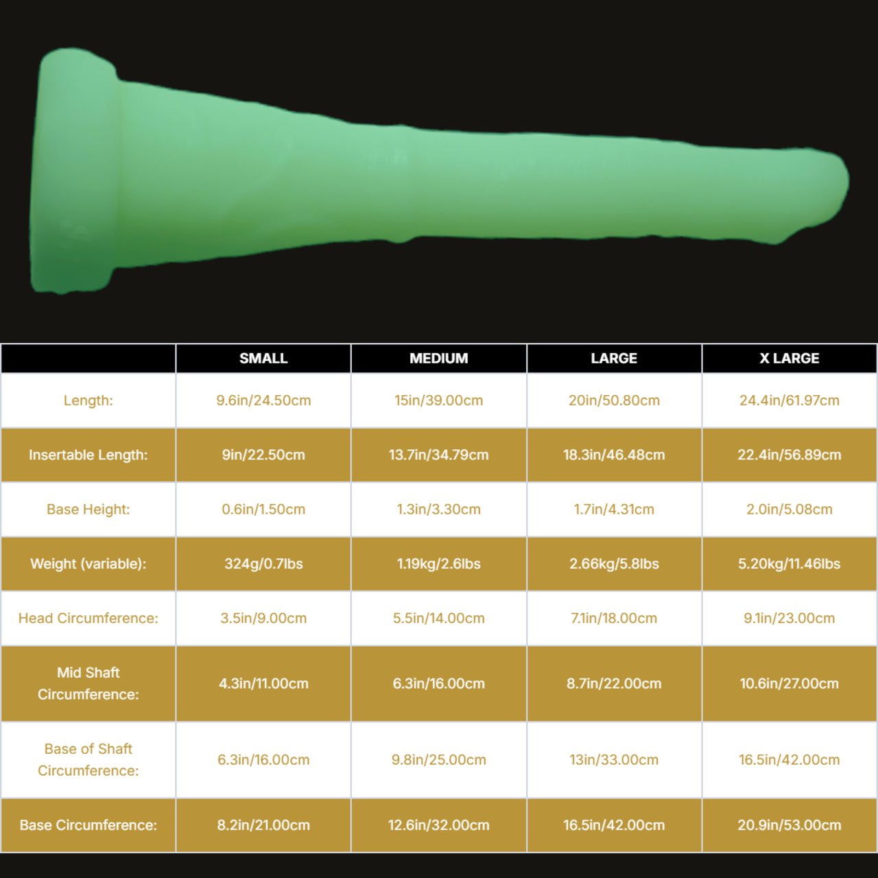 Sizing graph. Dimensions can be found in the "Dimensions" section below.