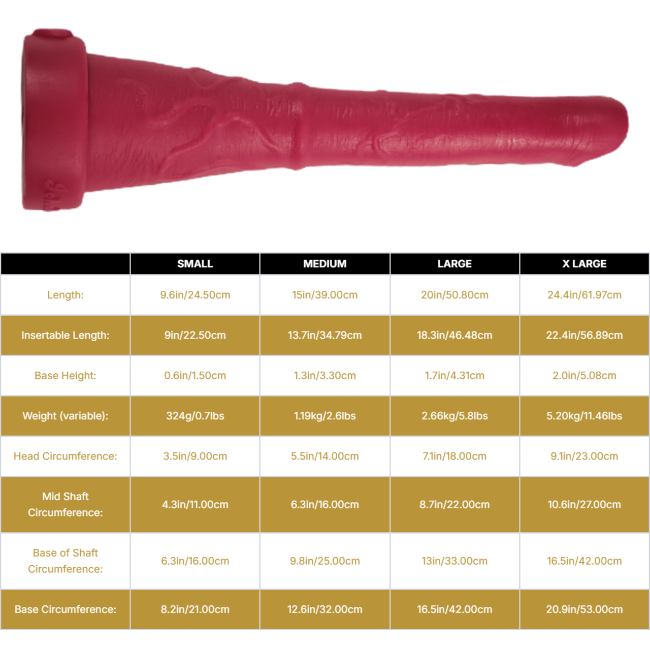 Sizing graph. Dimensions can be found in the "Dimensions" section below.
