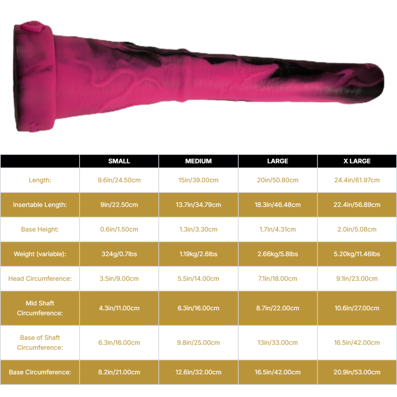 Sizing graph. Dimensions can be found in the "Dimensions" section below.