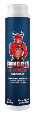 285g (10.05oz) pot of FF Powder. A tall white bottle with a semi-transparent lid, and a blue Fuck and Fist sticker that goes around the whole bottle. The brand mascot is on the front - a red bull wearing a chest harness and wearing nipple rings, while standing proud with a clenched fist and grinning provocatively. 