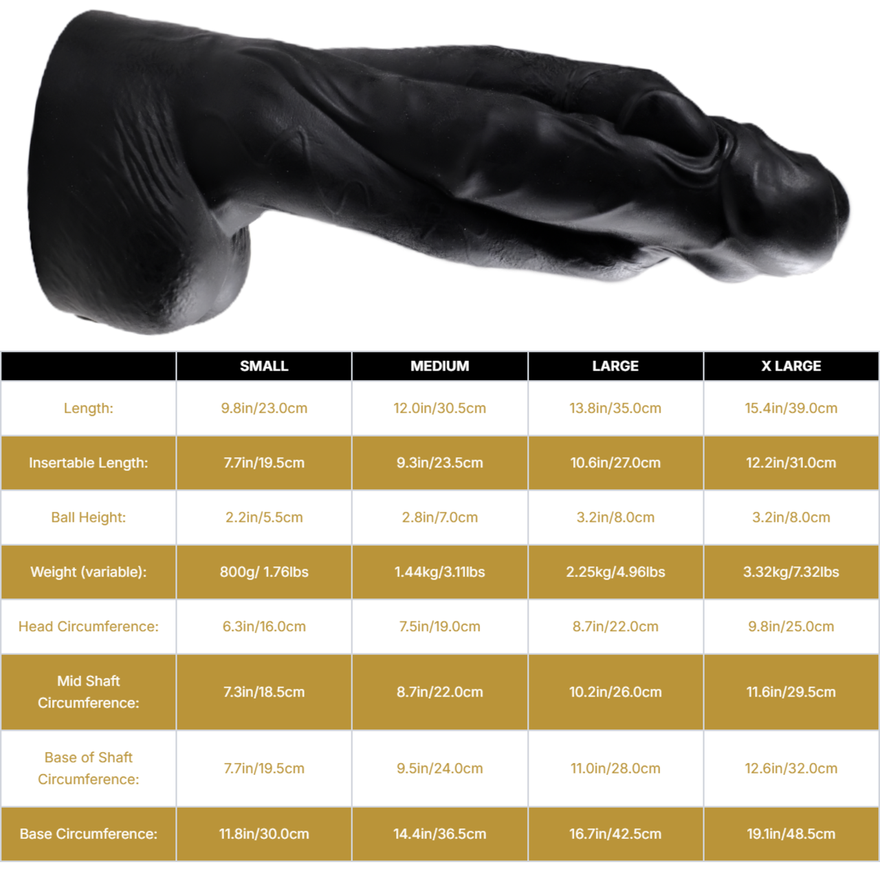 Sizing graph. Dimensions can be found in the "Dimensions" section below.