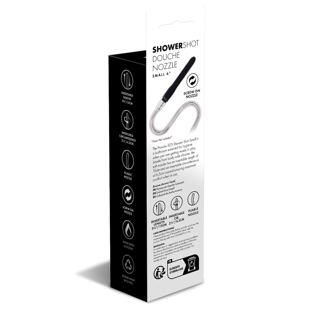 Back of the box for the Shower Shot - Small 6 inch shower attachment.