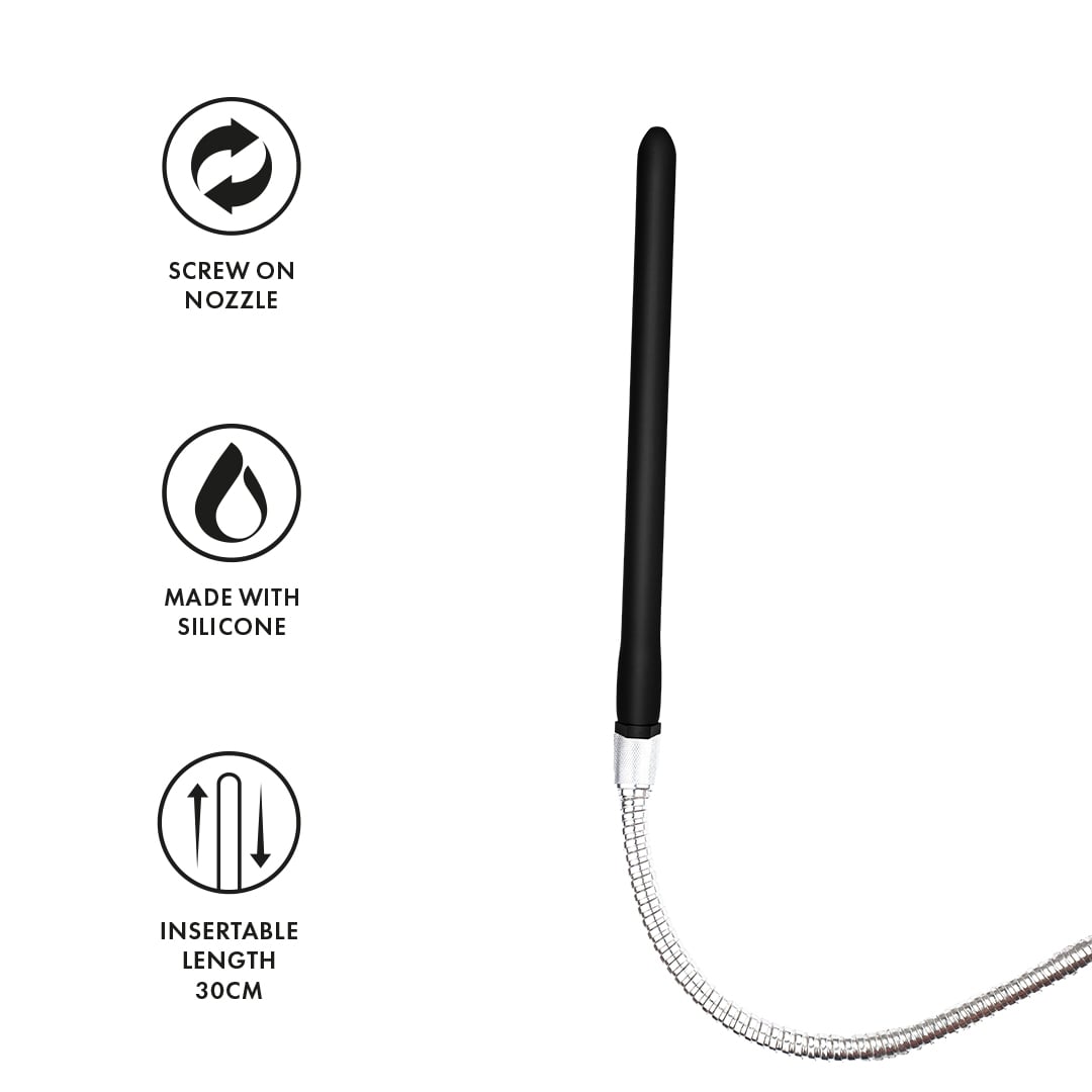 Features a screw-on nozzle. Made with silicone and has an insertable length of 30cm. Pliable nozzle.