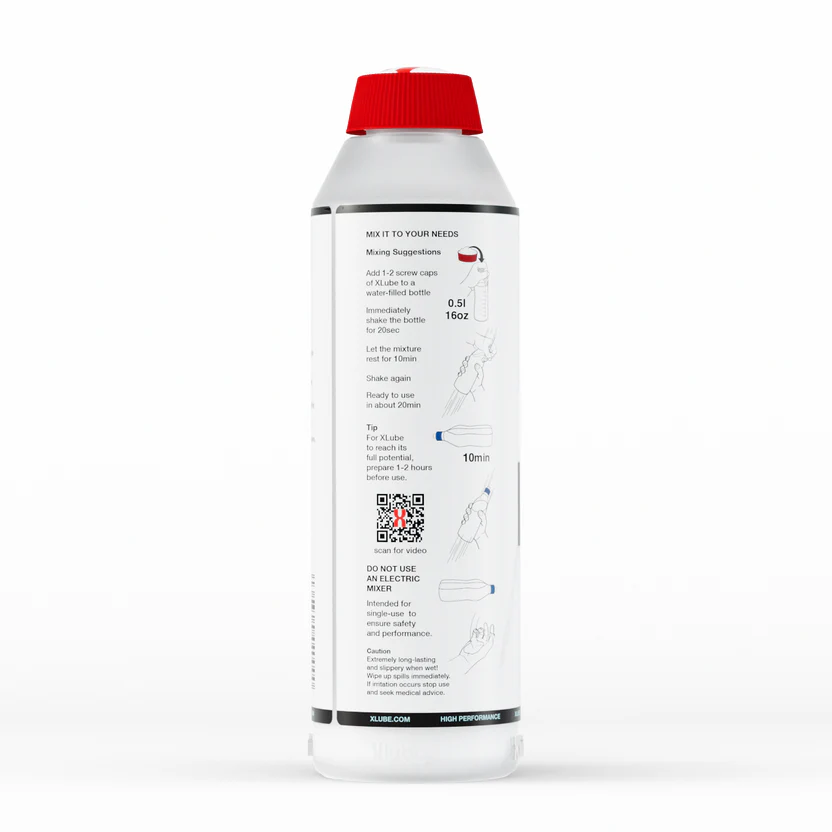 Bottle of X Lube. Comes in a white plastic bottle with a red lid.

The back of the bottle has instructions for mixing.
